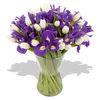 20 White Tulips, 20 Iris, Clear Vase