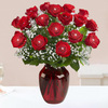 18 Red Roses with baby's breath-Red Vase